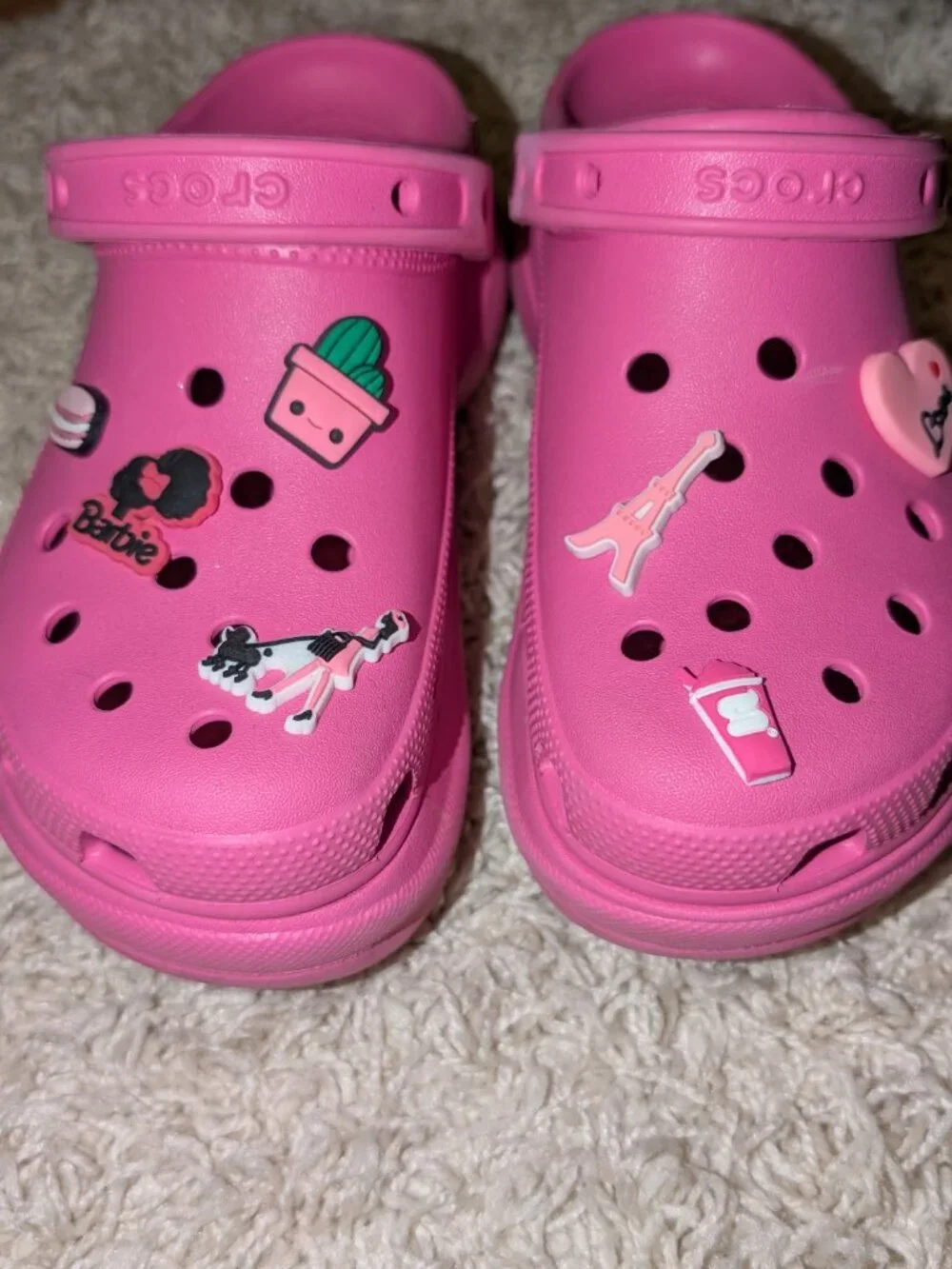 Bright pink Crocs platform clogs! Barbie and other jibbitz accessories included!